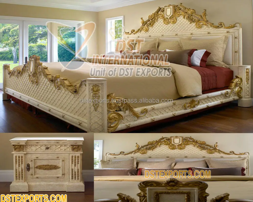 Современная кровать Maharaja большого размера с боковыми табуретами из тикового дерева тумбочками Классическая королевская