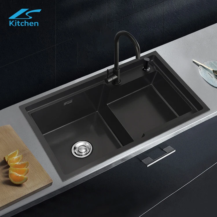 K-7245H китайская фабрика Подгонянная нержавеющая сталь кухонная раковина в европейском стиле с двумя чашами квадратная для кухни черного жемчуга ручной работы