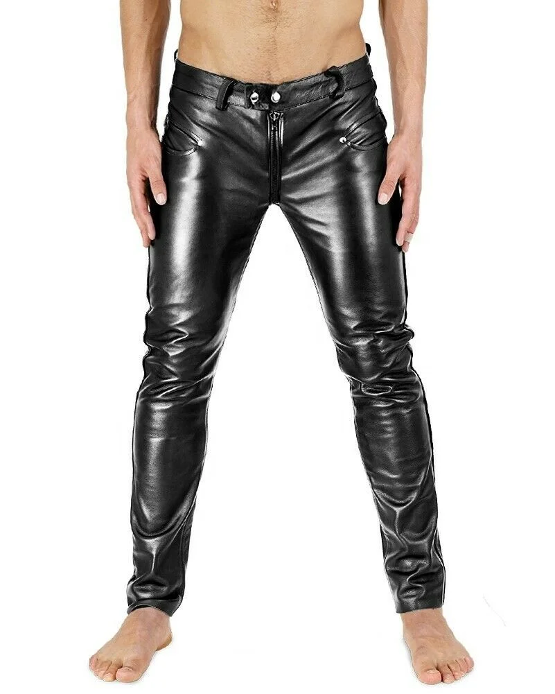 Kiwiz Gay Zip Leather Pants / Aniline Cowhide Smooth Motorbike Leather Pants