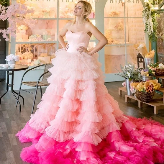 Indian Handmade Peach Tiered Gown For Photoshoot Women Pink Wedding Dress