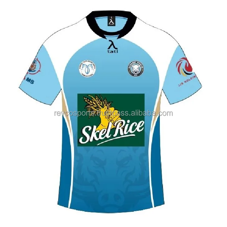 Light blue and white rugby jersey custom design team logo and name rugby jerseys heavyweight polyester rugby jerseys