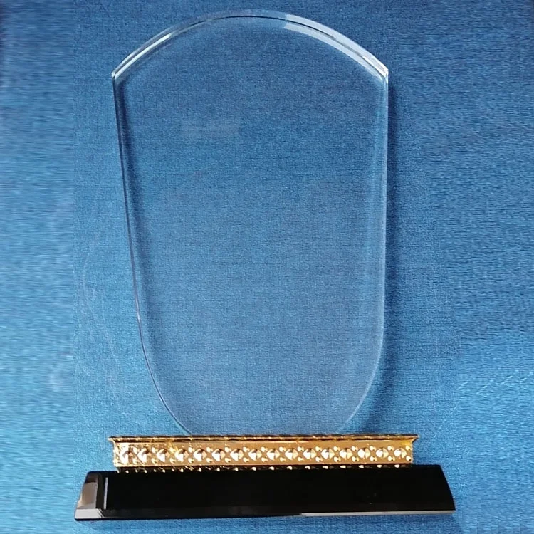 wholesale high quality k9 blank crystal glass shield trophy black base for 3d laser engraving  with Golden trim base