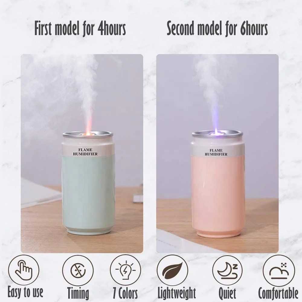 260ML Cans Air Humidifier 800mAh USB Rechargeable Flame Humidifier with 7 Colors Night Light and Auto Shutoff Protection
