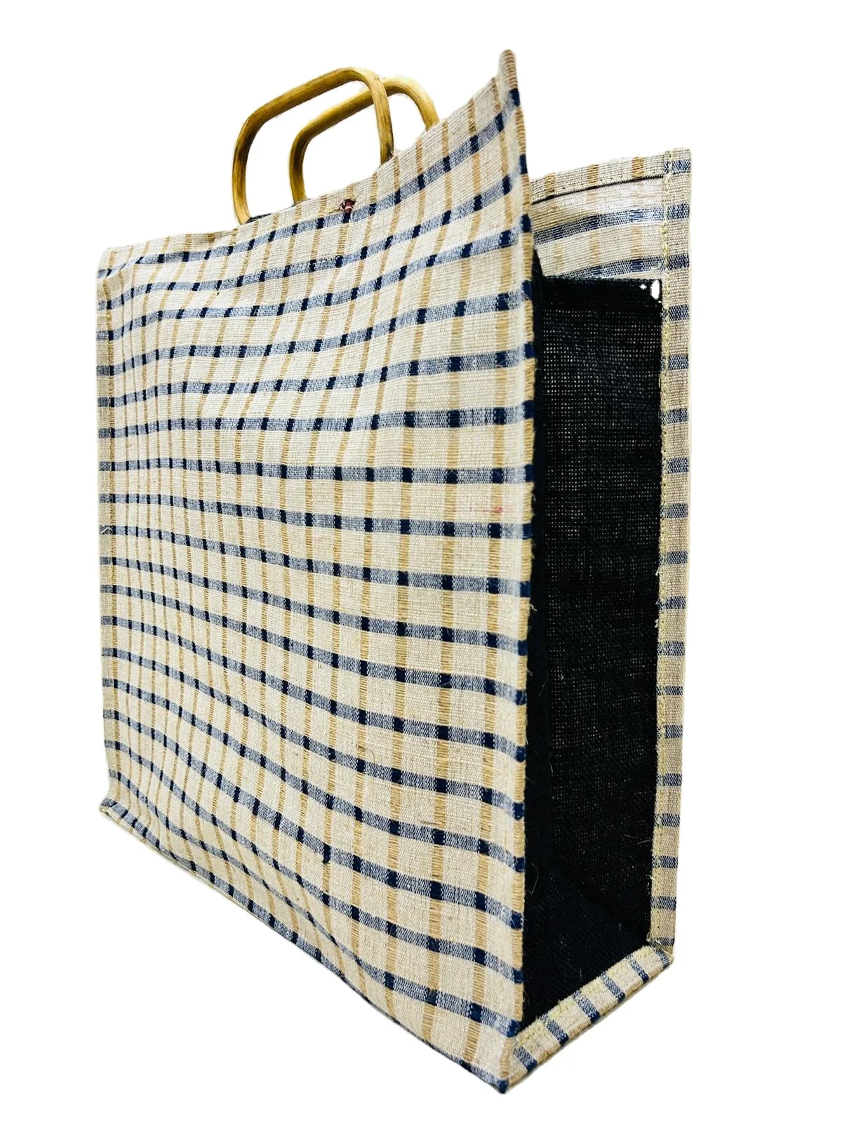 Premium Fashion Tote Bag Bamboo Handle Custom Stripe Design Zipper Canvas Burlap Travel Supermarket Shopping Gift Use Custom