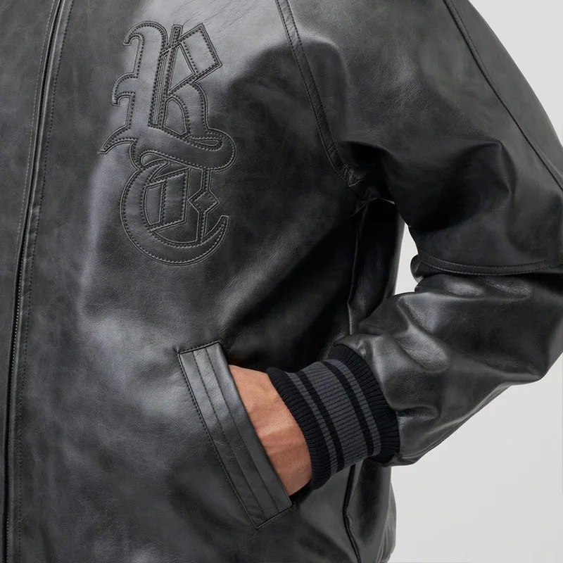 YU JIA factory manufacture winter mens bomber jackets with custom genuine leather chenille embroidery motorcycle riding jacket