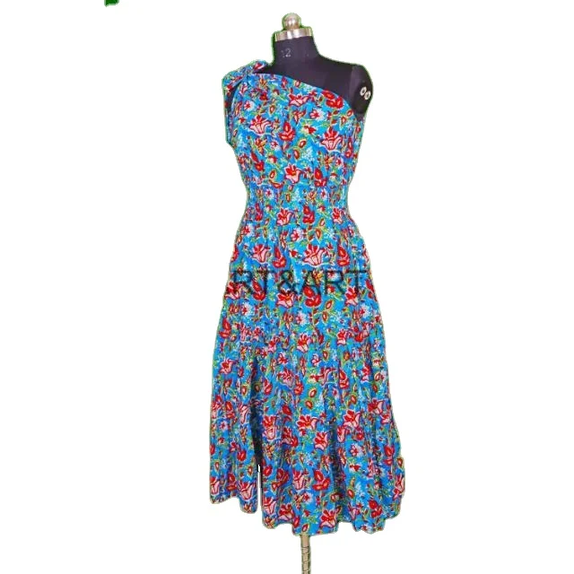 Handmade Floral Prints Cotton n dress One side Shoulder Designer cotton long dress smocking body dress for women cotton voile