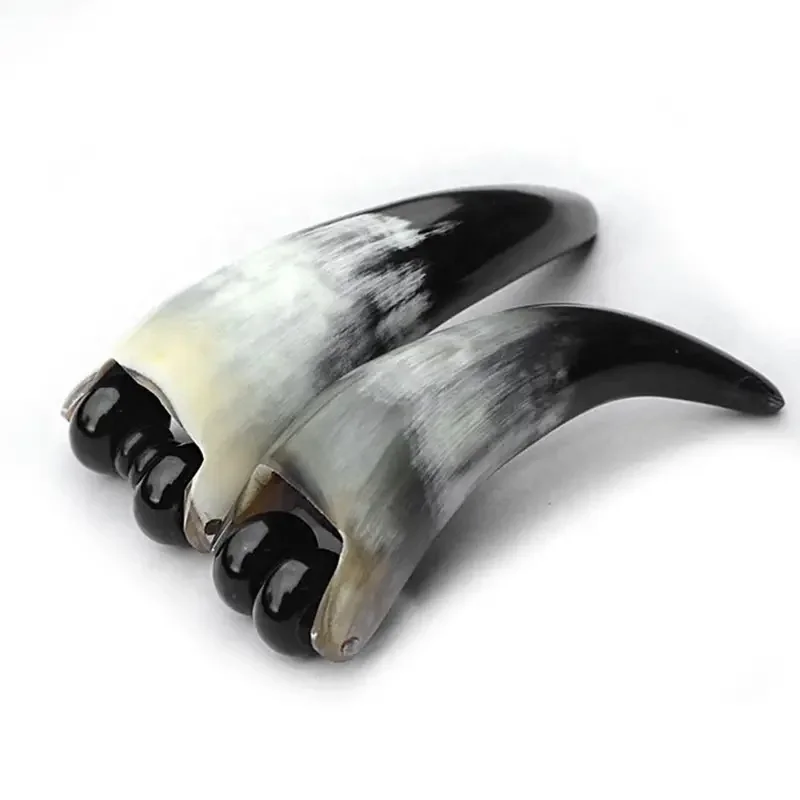 Handmade Natural Horn Roller Massager 2 Wheel Body Massage Relieve Stress Relax Fitness Exercise COw Horn Massage Roller Stick