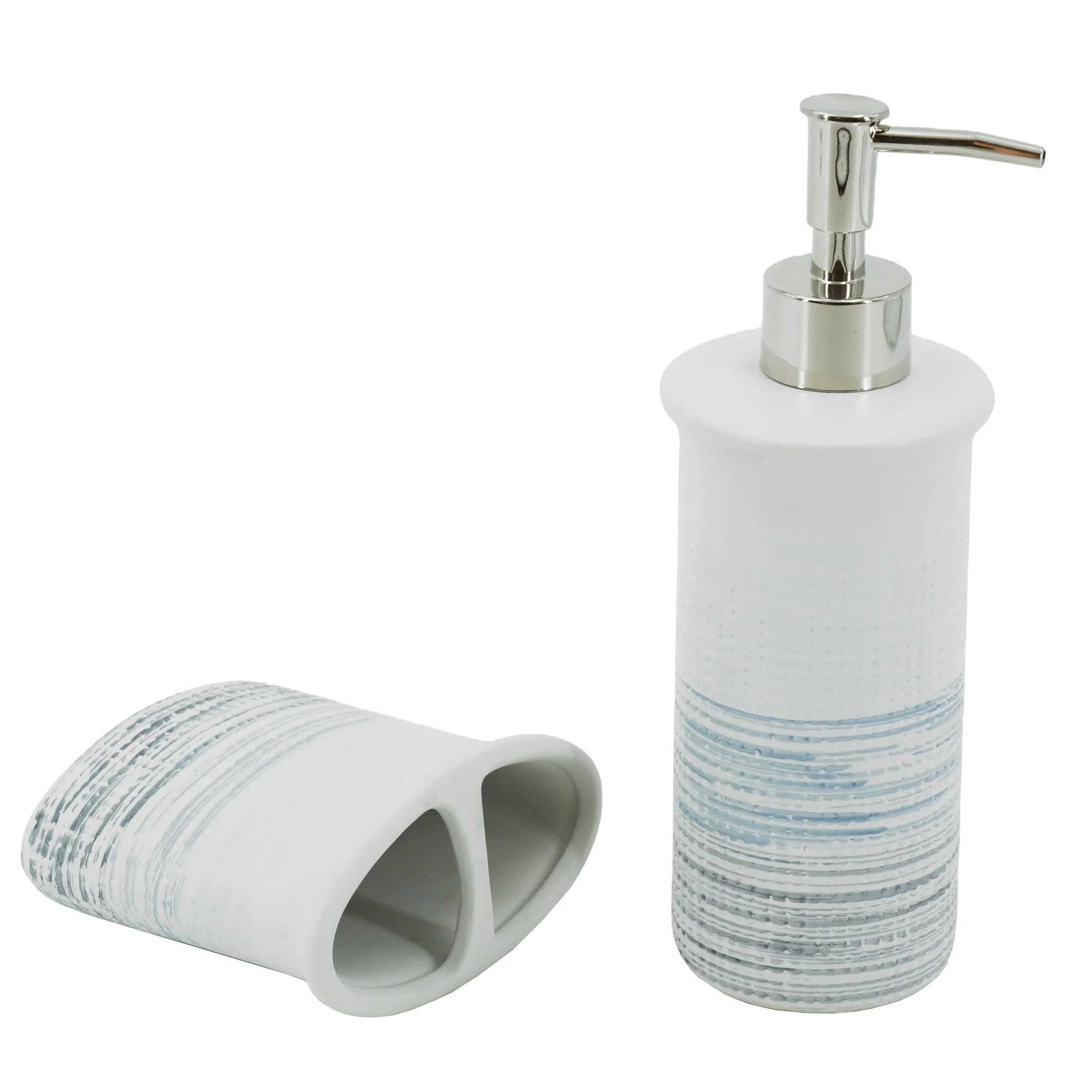 Hand-painted stripes in blue stoneware Bathroom Accessories set