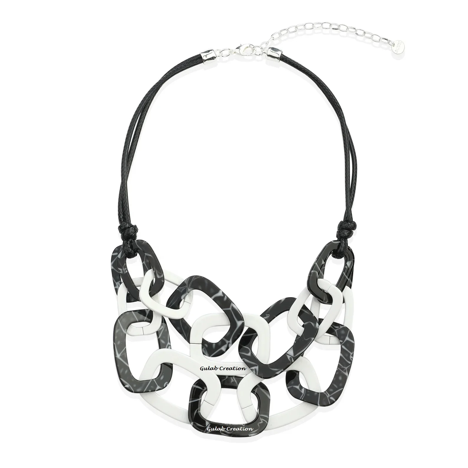 Marble Texture Black and White Link Chain Resin Necklace with Black Leather Cord at Reasonable Rate by ZAM ZAM IMPEX