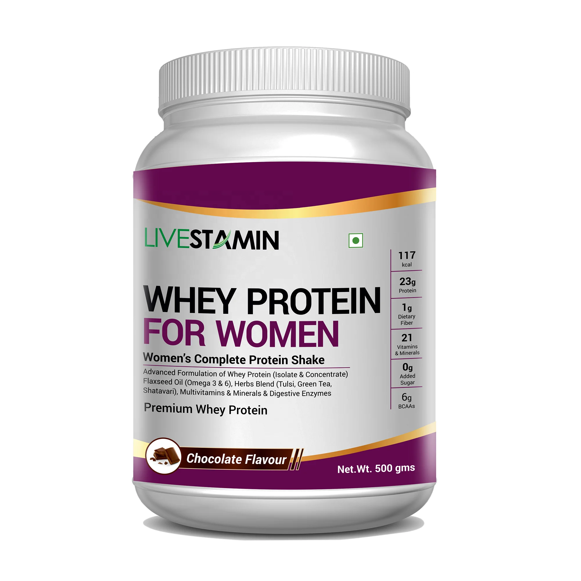 Whey Protein Powder for Women Gym Supplement Ayurvedic Herbs 21 Vitamins Minerals Omega 3 6 Digestive Enzymes 500g Chocolate GMP