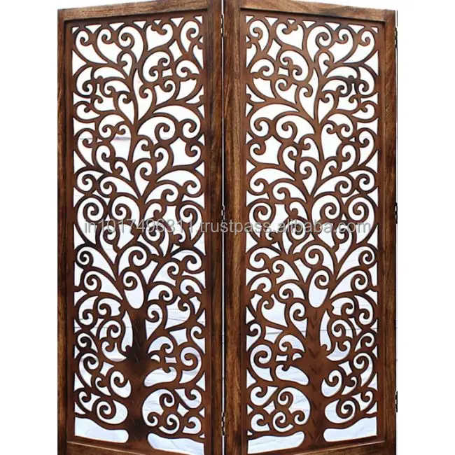 Handcrafted 3 Panel Wooden Room Partition & Divider (Brown) Solid Wood Decorative Screen (Free Standing)