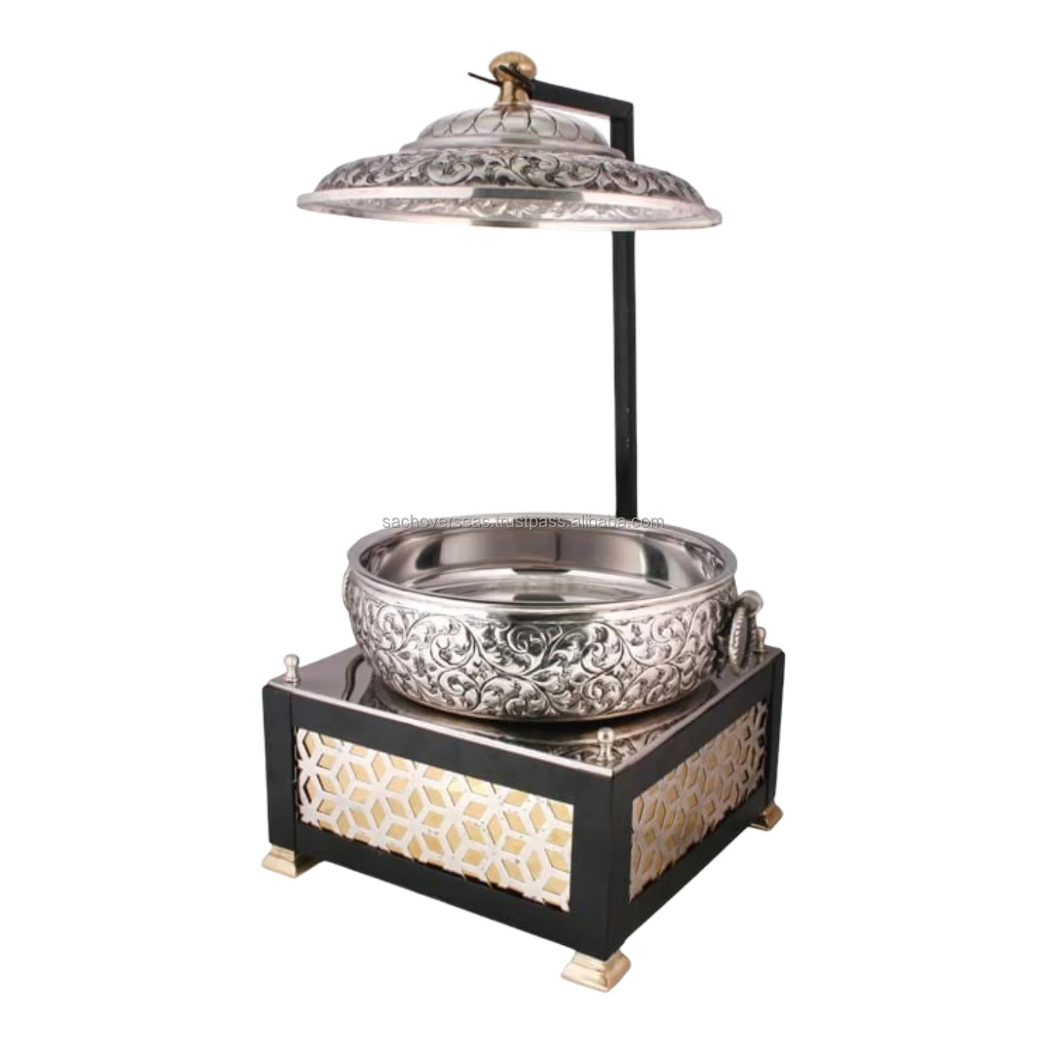 Traditional Spherical Shaped Floral Carving Design Metal Chafing Dish with Brass Designer Handle For Buffet Hot Food Warmer