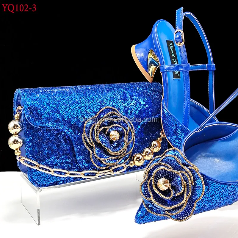 YQ102   Italian Shoe With Matching Bag For Party With Stones Wedding Shoes And Bag Set High Quality Women  blue color PU leather