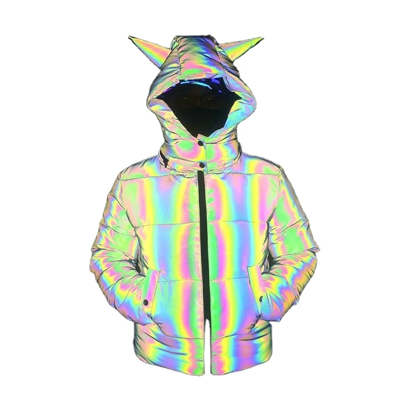Модная плотная Радужная Светоотражающая куртка с подкладкой женское пузырьковое пальто ожогом для зимы парка капюшоном флуоресцентная верхняя одежда