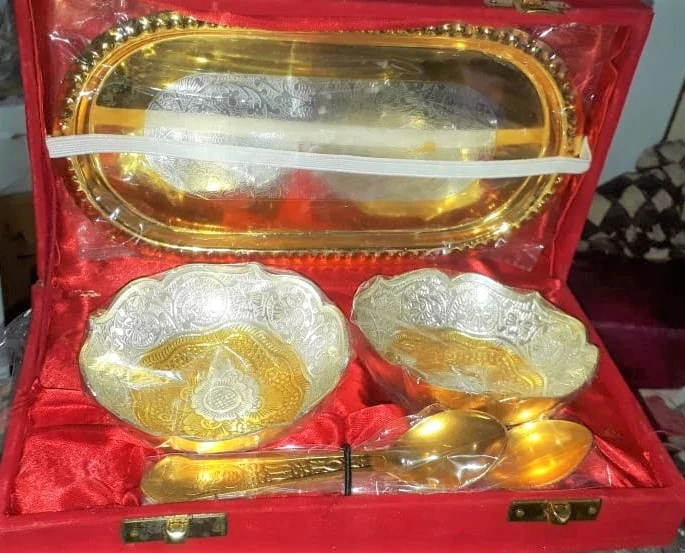 German Silver-Gold Plated Bowl Set Pack of 5pc Wedding, Diwali Gifting Set Royal Look Velvet Box Ideal for Serving Dry Fruit