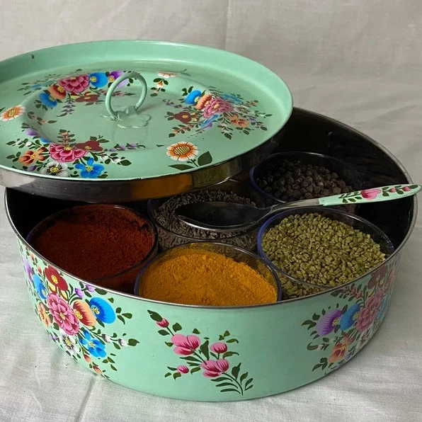 Indian Masala Box Antique Design 7 Cup Spice Container with Lid , Indian spice box, steel spice box
