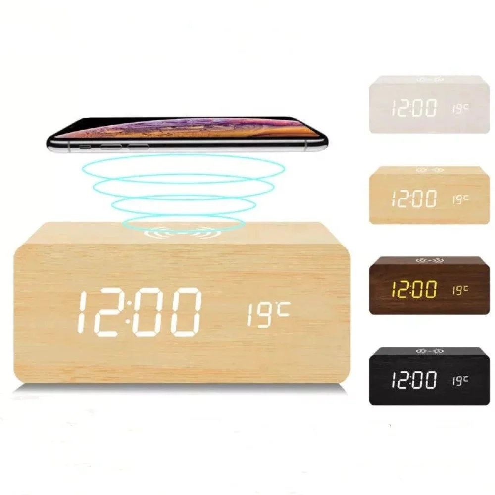 Eco-friendly Wooden Grain Portable 10w Qi Fast Charging Phone Charger Led Digital Alarm Clock
