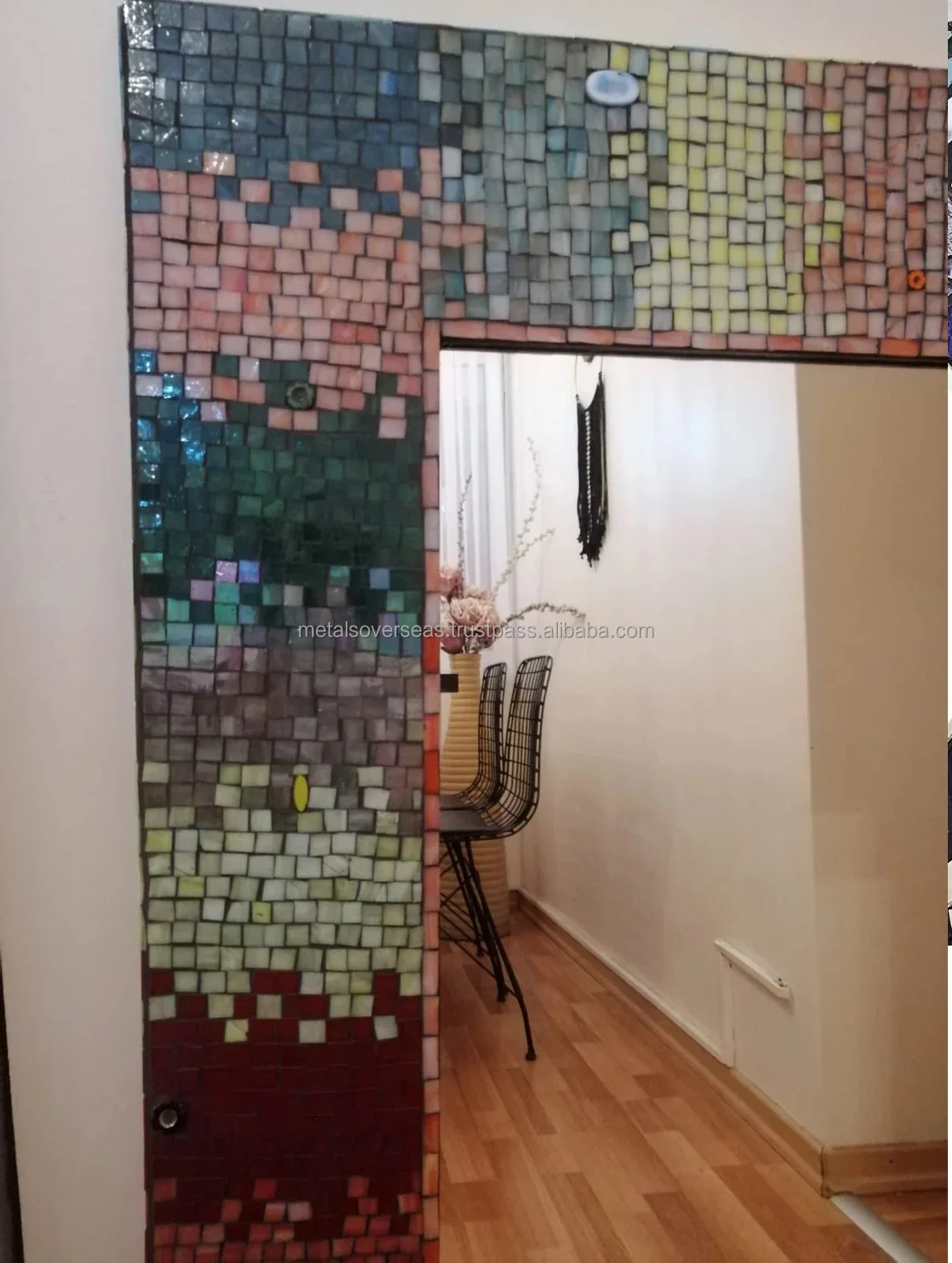 Natural Mosaic Decorative Hanging Rectangle Ceramic Tile Inlay Wooden Frame Mirror for Wall Home Art Decor