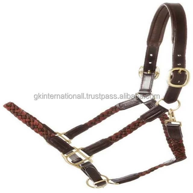 Best Buy Custom Design hand braided Leather horse halter in black brown or tan genuine leather brass hardware & white stitching