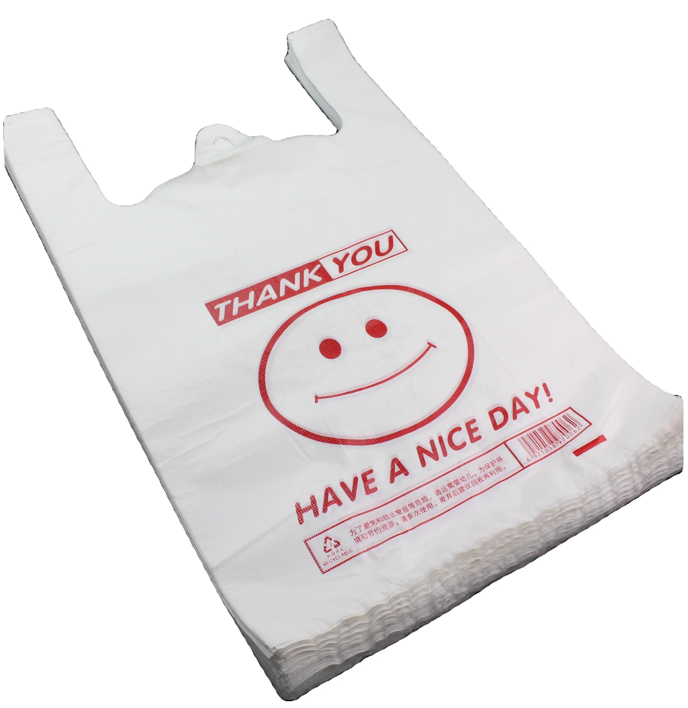 T-Shirt Shopping Bags HDPE/LDPE Manufacturer Thank you bags custom plastic t-shirt bags with logo