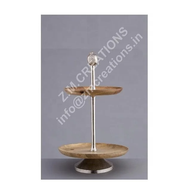wooden cake stand 2 tier Mango Wood And Aluminum Metal Silver Color Home Wedding Birthday Party Dry Items Hotel Decorative Item