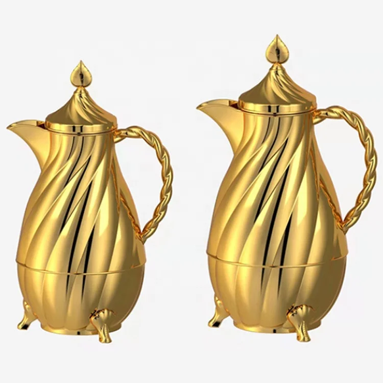 White and Gold Glass Liner Luxury Moroccan Style Vacuum Insulated Thermos Flask with Spout