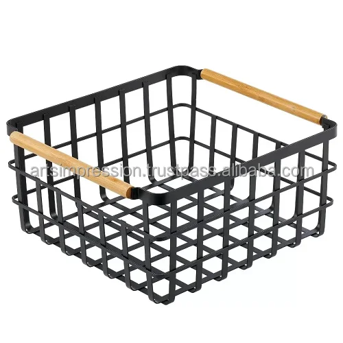 fancy wooden border iron metal wire basket Black Color Standard Size Storage Basket And Wire Basket For Kitchen Storage items