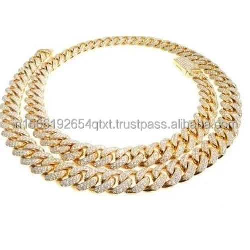 New Product of 14K Yellow Gold VVS D Moissanite Diamond 12mm 18 to 24 Inches Miami Cuban Link Chain for unisex from india