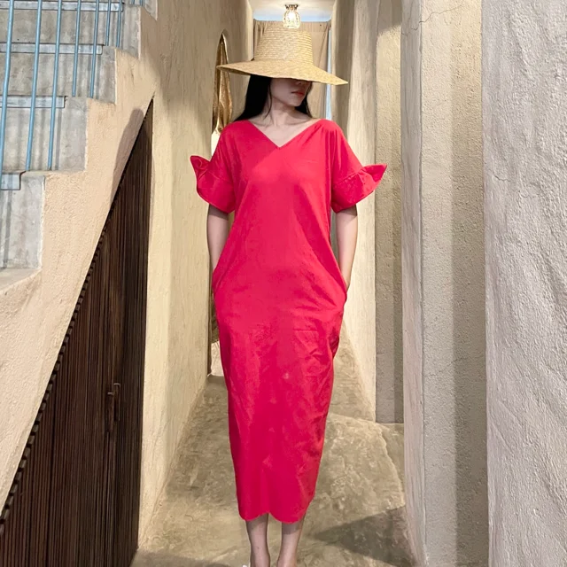 Linen Clothes Linen Dress Cotton With Knots And Ruffles Sleeves Elegant Dresses For Women Natural Midi Loose  From Vietnam