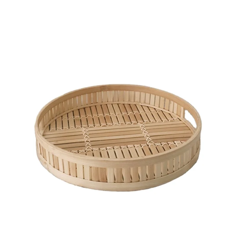 Round Natural Bamboo Tray With Handle, Straw serving tray, Woven Tray with Handle Wholesale