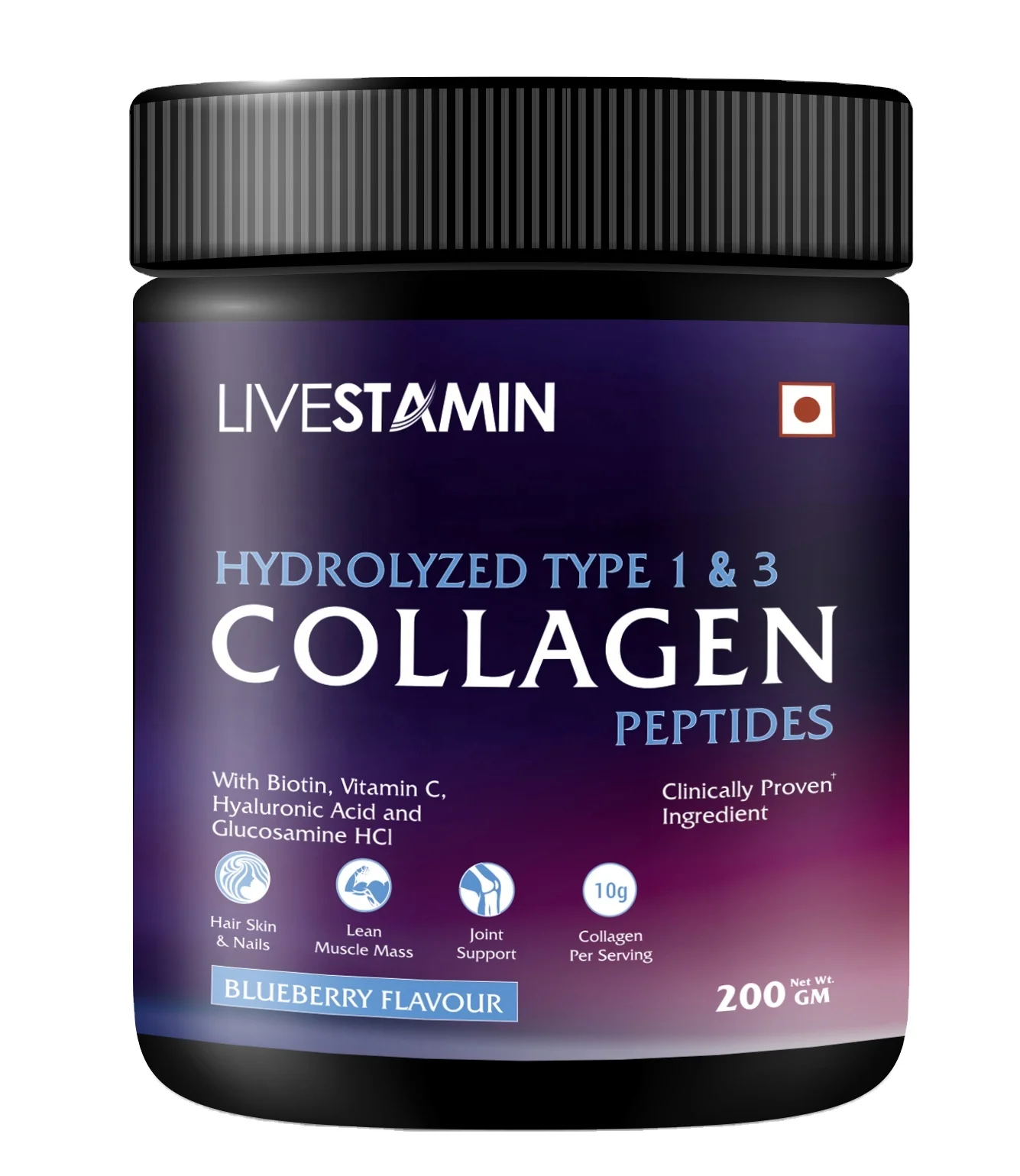Hydrolyzed Collagen Peptides 200gms Blueberry Flavour with Glucosamine HCl For Vitamins Hair, Skin, Nails & Joint Supplement ISO