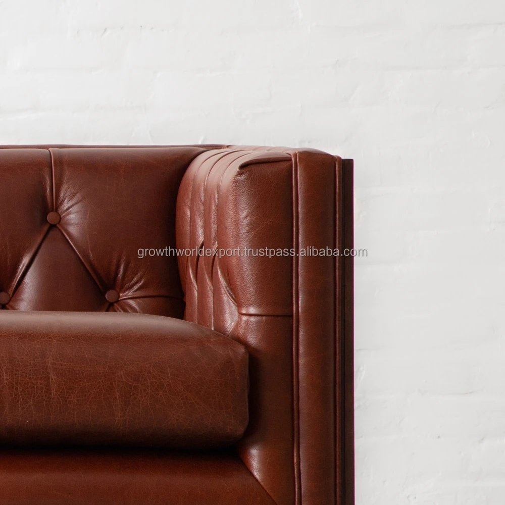Living room Chesterfield leather Sofa furniture with cushion & Rattan Cane back Quality Leather Daybed Hotel & Home Furniture