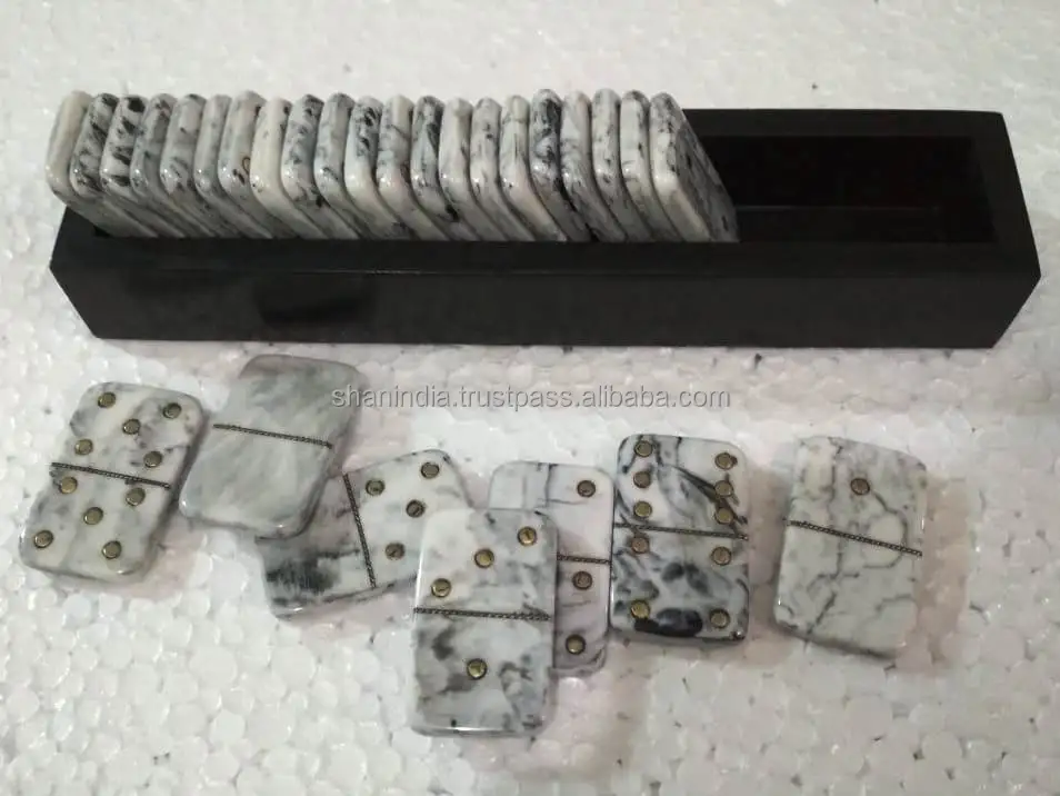 Domino sets Indian Handmade Metal Dots Resin 28 chips and Tray Domino Games for Kids and Adults