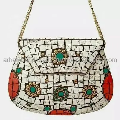 white mosaic metal clutch Handmade clutch purse best mobile holder handbag at affordable price by LUXURY CRAFTS
