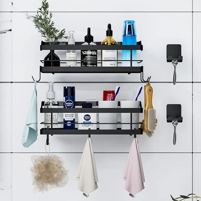 Adhesive No Drilling Stainless Steel Bathroom Wall Mounted Shelf Shower for Home Use