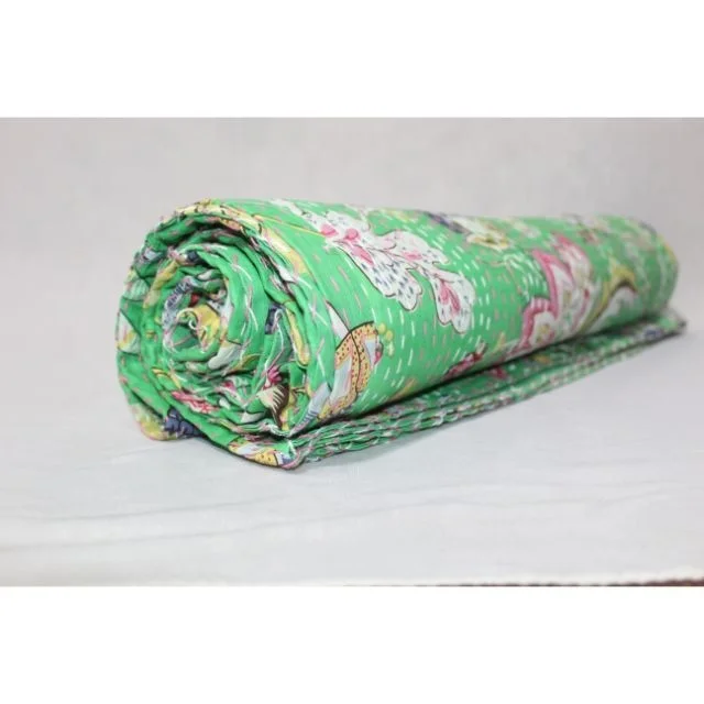Bedding Bed cover Throw Floral Printed Queen Size Multi Color Wholesale Handmade Bedspread 90x108 inches 100%Cotton Kantha Quilt