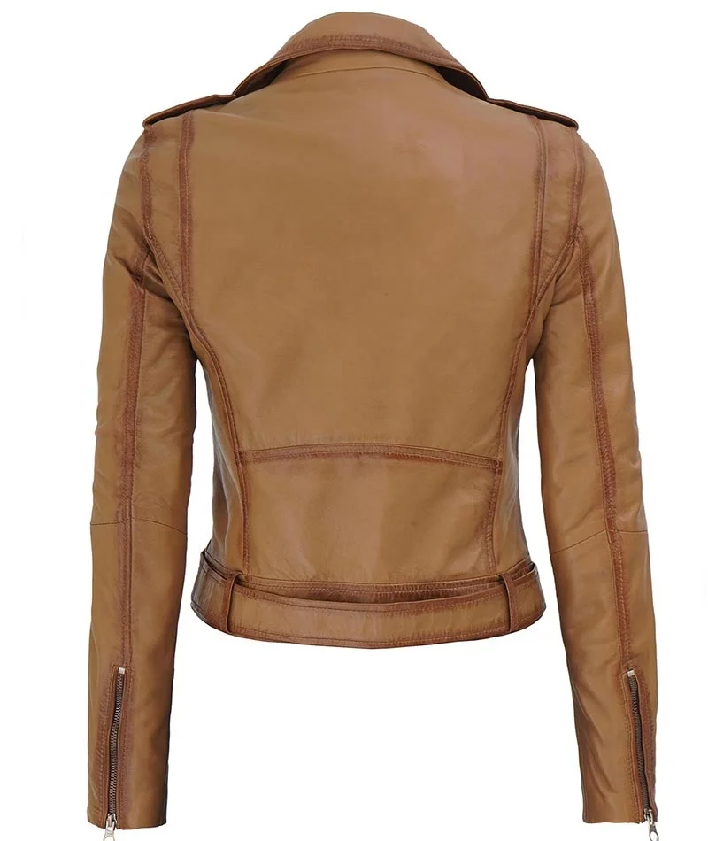 Genuine Buffalo Leather Jacket Customized Design Golden Brown Color Women Biker Leather Fashion Jacket