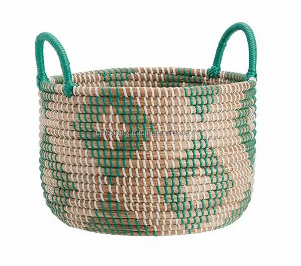 High Quality zigzag Seagrass Basket Blue color handcrafted in Vietnam Baskets Home storage organization Wicker baskets
