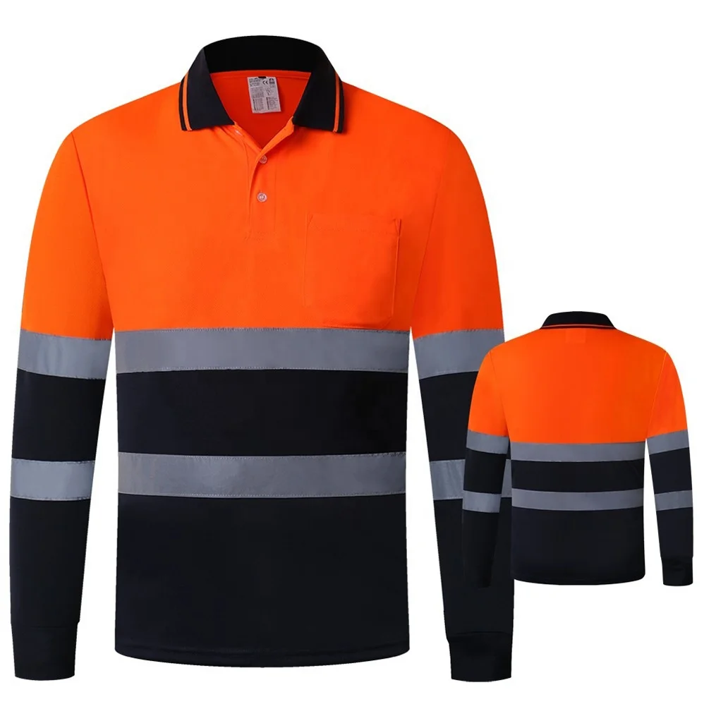 Hi Vis Shirts Orange Navy Long Sleeve Reflective Polo Shirt Safety Work Wear Lightweight Shirt for Construction Unisex