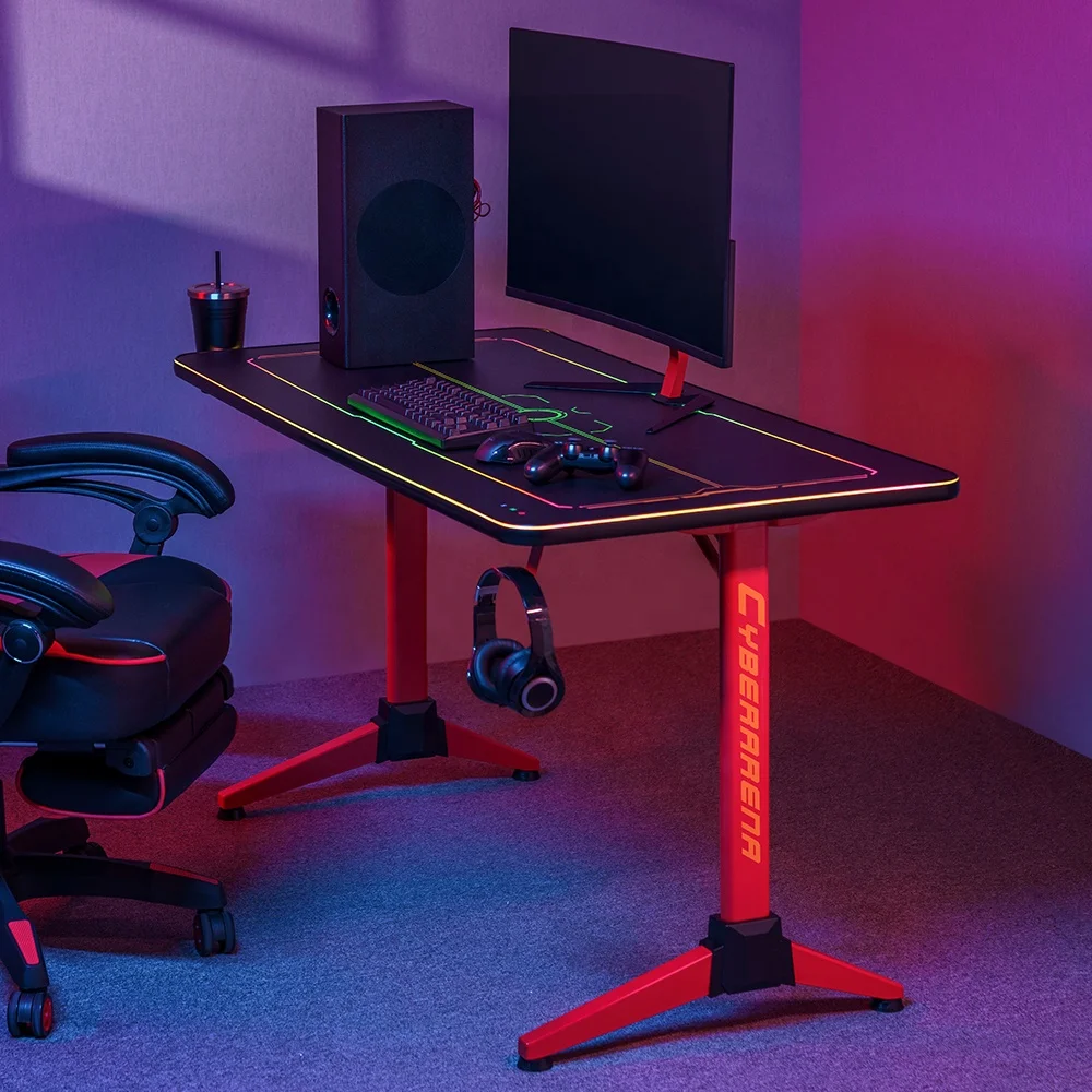 BLD02-126 LED RGB Lighting PC Computer Gaming Desk Modern OEM PC Computer Gaming Table T Shape Gaming Desk Table with LED