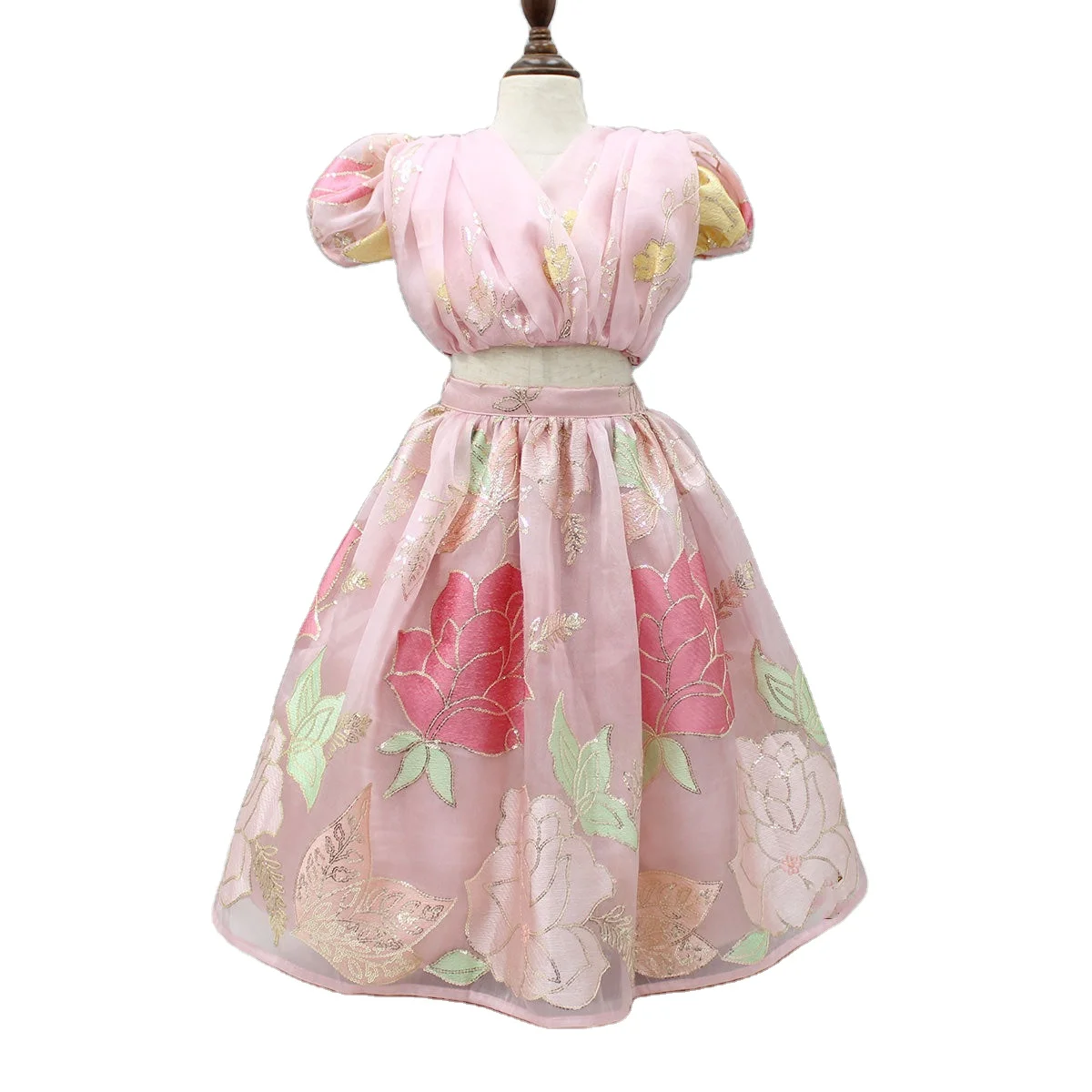 New Stylish Design Pleated Girls Kids Wear Sequin Thread Work Unique style Blouse Lehenga V neck Organza Satin And Shantoon