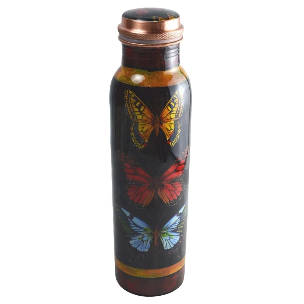 
Metal bottle in copper with butterfly design for tour . 
