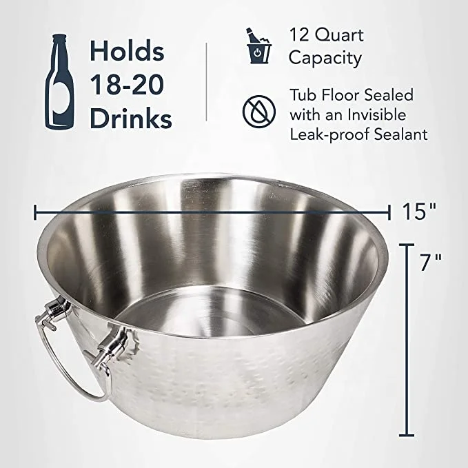 Hammered Stainless-Steel Beverage Tub Double-Walled Insulated Anchored Drink Tub & Ice Bucket with Double Hinged Handles Drink