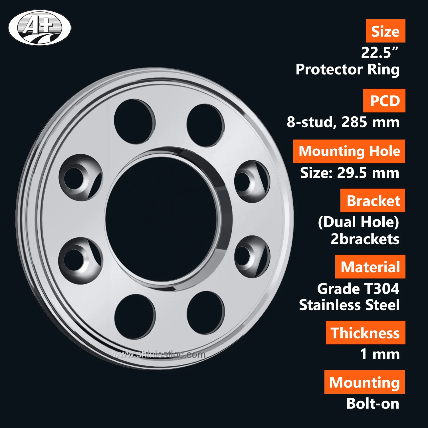 JP 22.5 T304 Stainless Steel Truck / Bus Wheel Cover Protector Ring with Open Center For STEEL WHEEL(4 taper mounting holes)