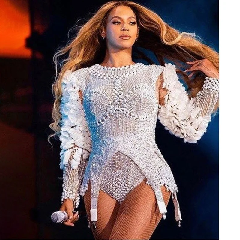 Sexy Performance Women Singer Leotard Stage Wear Beyonce Stretch Outfit Super Pearls Rhinestones Flower Playsuits