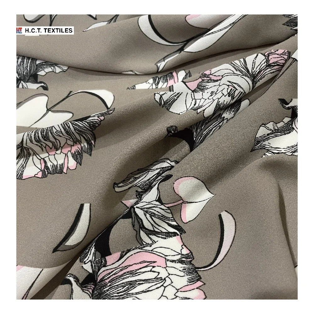 Нежная серая шифоновая ткань для верха ручной работы с цветочным принтом 110 г 100% полиэстер