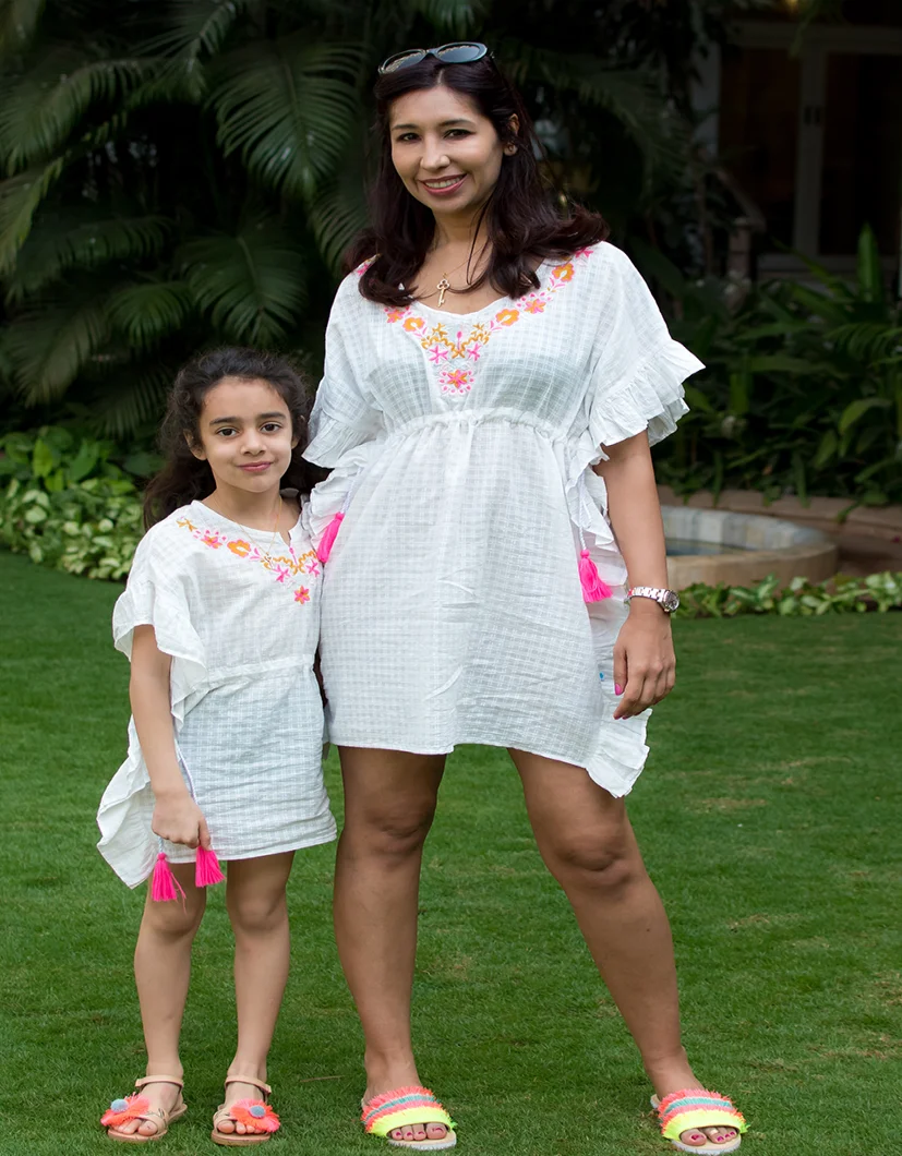 Trending New Mum & Me Matching Collection White Cotton Summer Wear Kaftan Decorated With Tassels & Beautiful Floral Embroidery