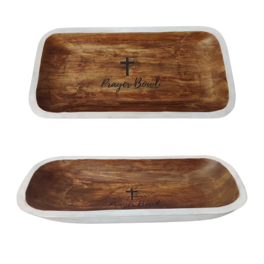 Large Vintage Brown Wooden Prayer Dough Bowl Rustic Religious Christian Cross Engraved Home Decor Art Christmas Church Candle