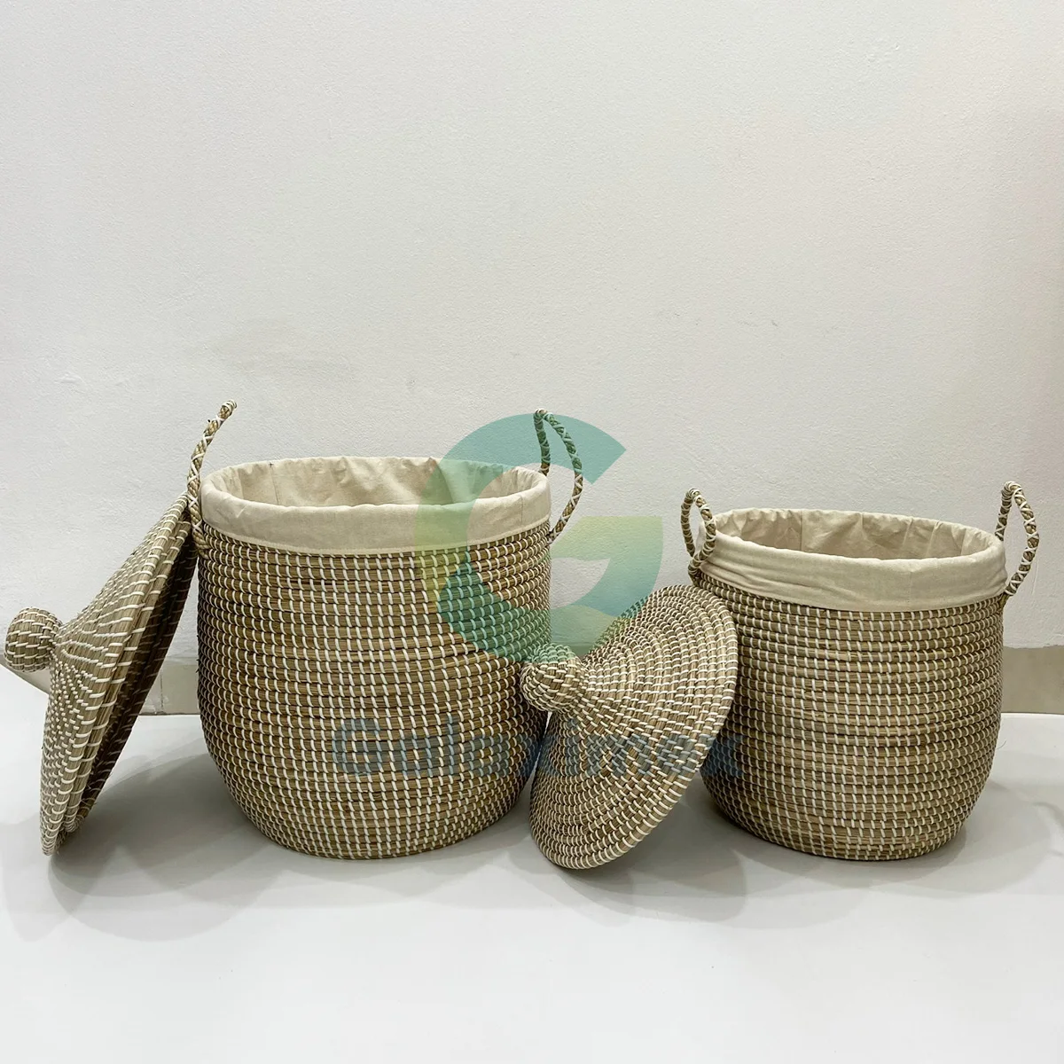 Large white wicker hamper basket handcrafted in Vietnam