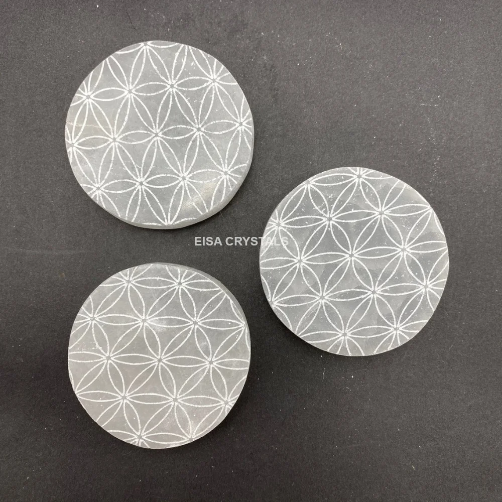 Wholesale Carved Natural Selenite Crystal Charging Plate India Sacred Geometry Energy Power Grid Pendulum Pattern Agate Type